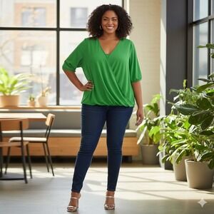 Joseph A Blouse Shirt Women Plus 3X Green Short Sleeve Faux Wrap Layered Stretch